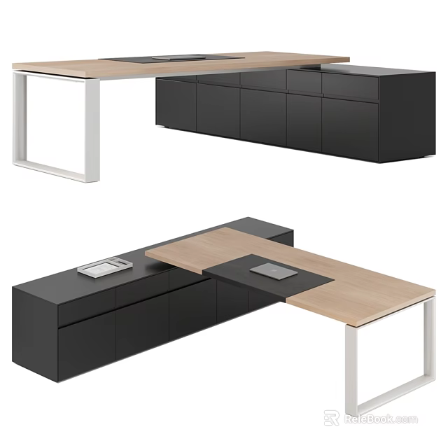 Minimalist Modern Office Table And Chair Combination With Light Wood Top And Black Storage Cabinets 3d model 