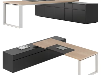 Minimalist Modern Office Table And Chair Combination With Light Wood Top And Black Storage Cabinets 3d model