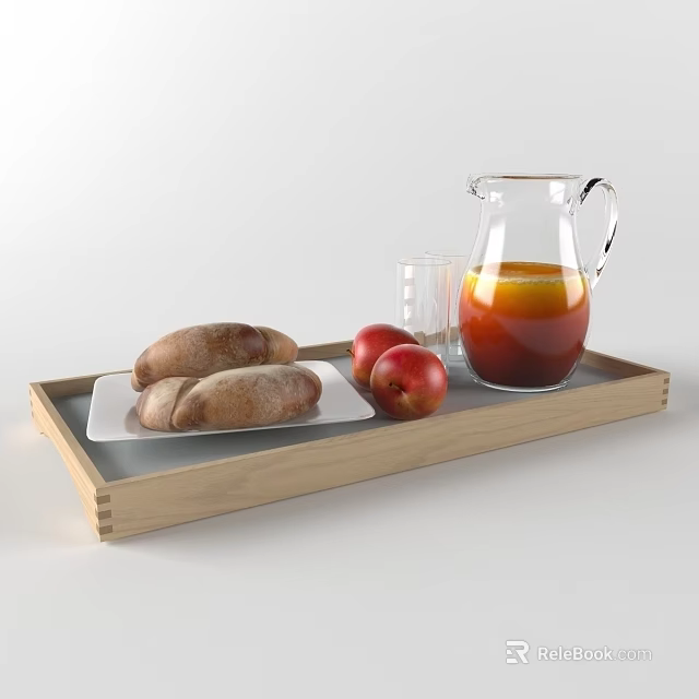 Fresh Homemade Bread Rolls With Red Apples And Juice On Wooden Tray 3d model 