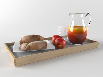 Fresh Homemade Bread Rolls With Red Apples And Juice On Wooden Tray 3d model