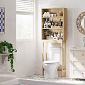 Bright Modern Bathroom Interior With Wooden Shelf Toiletries Green Plant Window and Sink