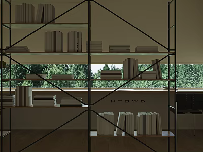 Modern Study Room With Open Metal Bookshelves And Green Trees View Through Large Window 3d model