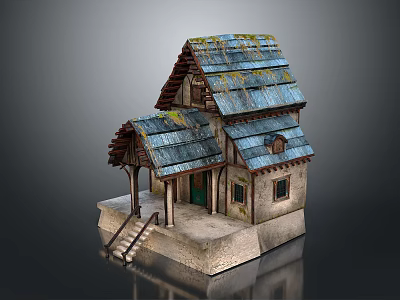 Charming Detached Villa With Moss Covered Blue Roof Wooden Porch And Stone Base Steps 3d model
