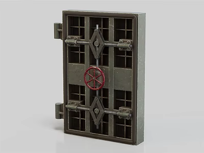 Sturdy Metal Grille Door With Red Wheel And Grid Pattern For Industrial Security 3d model