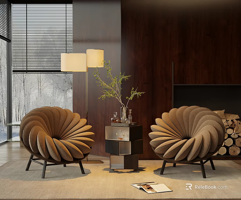 Fan Shaped Sofa And Coffee Table Set With Wooden Wall Floor Lamp And Decorative Plant 3d model 