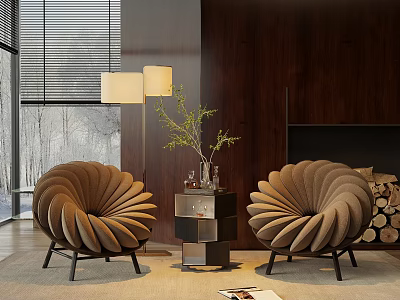 Fan Shaped Sofa And Coffee Table Set With Wooden Wall Floor Lamp And Decorative Plant 3d model