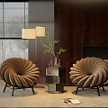 Fan Shaped Sofa And Coffee Table Set With Wooden Wall Floor Lamp And Decorative Plant