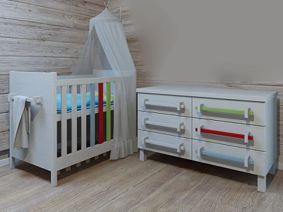 White Baby Crib With Colorful Drawer Dresser And Wooden Wall Canopy 3d model