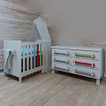 White Baby Crib With Colorful Drawer Dresser And Wooden Wall Canopy