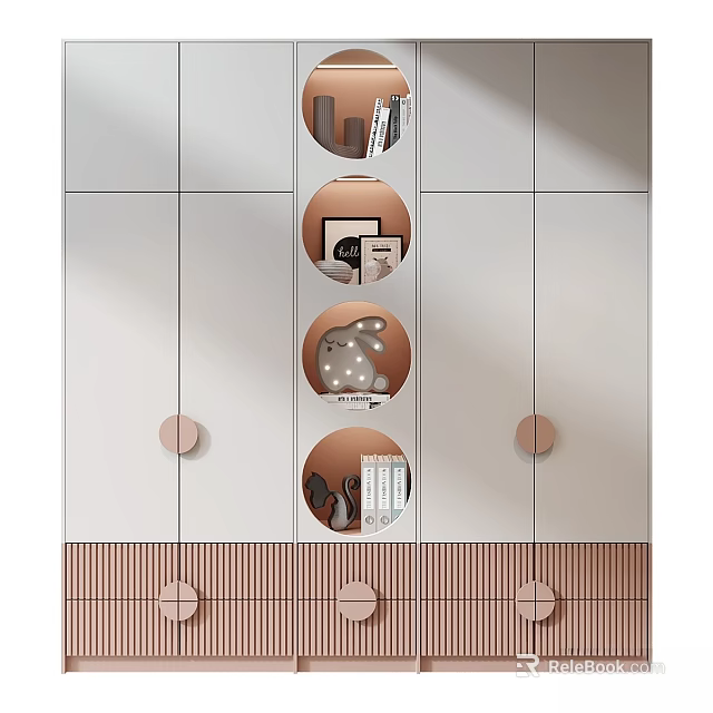 Modern Wardrobe Design With Circular Wooden Accents And White Panel Storage Layers 3d model 
