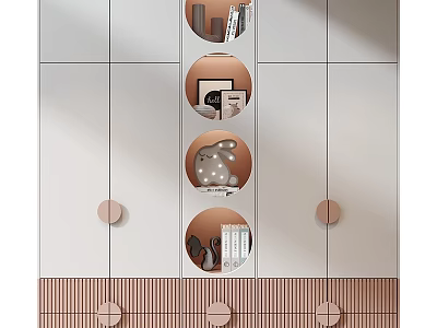 Modern Wardrobe Design With Circular Wooden Accents And White Panel Storage Layers 3d model