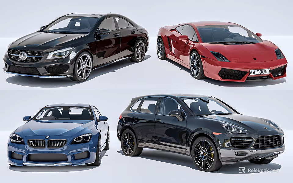 Different Types of Cars Including Black Sedan Red Sports Car Blue Convertible and Black SUV 3d model 