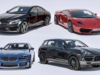 Different Types of Cars Including Black Sedan Red Sports Car Blue Convertible and Black SUV 3d model