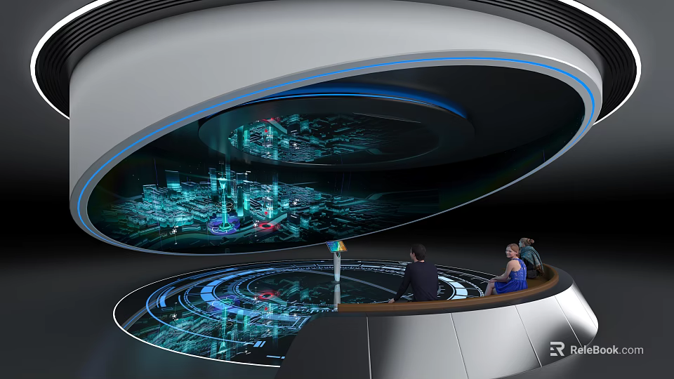 Futuristic Exhibition Booth With Circular Design Illuminated Screens And Interactive Tech 3d model