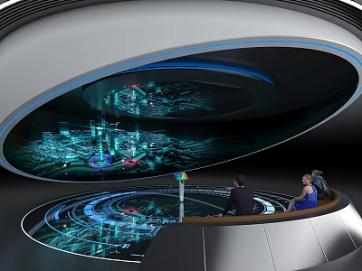 Futuristic Exhibition Booth With Circular Design Illuminated Screens And Interactive Tech 3d model
