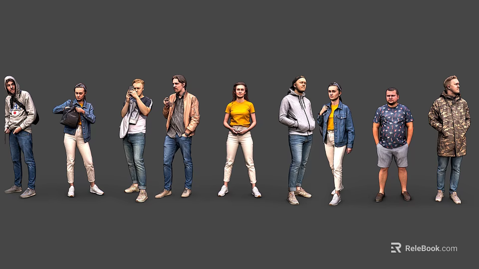 Group of Diverse People Standing Together in Casual Outfits and Various Poses 3d model 