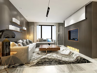 Modern Living Room Interior Design With Grey Sofa Coffee Table TV Wall And Patterned Rug 3d model