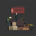 Red Food Cart Setup With Hanging Lanterns Signboard Green Drink Machine And Cardboard Boxes
