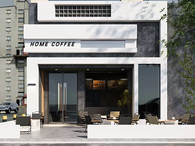 Home Coffee Storefront Design With White Facade Glass Doors Large Windows And Outdoor Seating 3d model