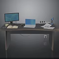 Practical Office Desk with Monitor Laptop Desk Lamp Open Book and Papers
