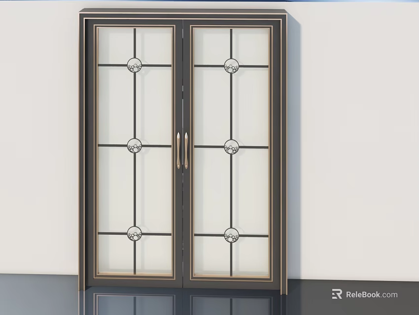 Modern Double Swing Door With Dark Frame Glass Panels And Decorative Circular Patterns 3d model