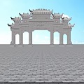 Ancient Chinese Architecture Stone Archway with Intricate Carvings and Multi tiered Roofs
