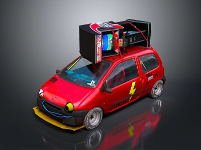 Red Compact Car With Vending Machine On Roof And Yellow Lightning Symbol 3d model