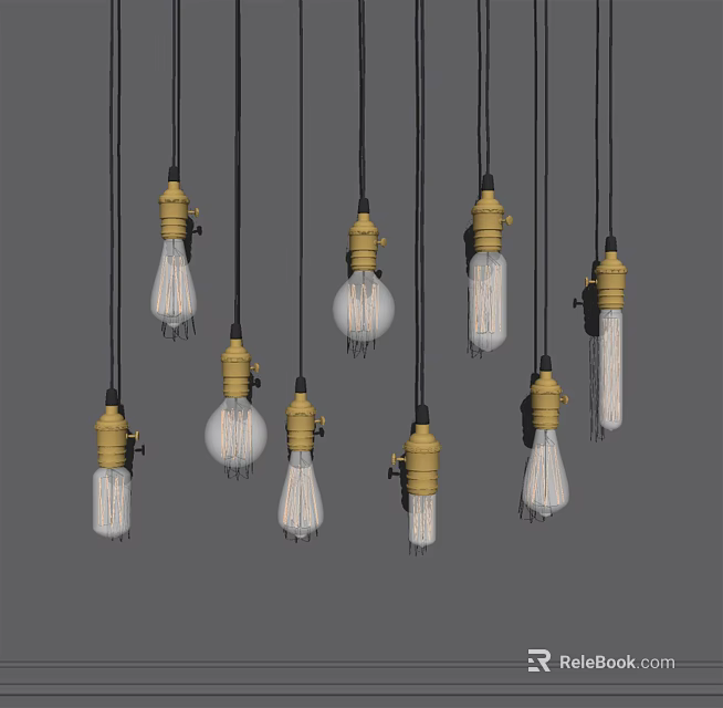 Multiple Vintage Pendant Lights With Yellow Sockets And White Hanging Bulbs 3d model 