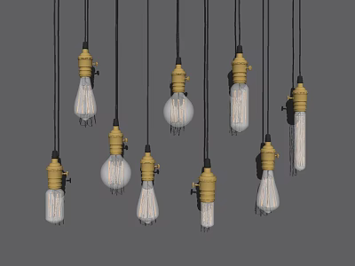 Multiple Vintage Pendant Lights With Yellow Sockets And White Hanging Bulbs 3d model
