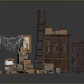 Vintage Furniture Collection With Wooden Cabinet Old Door Ladder Boxes Frame And Spider Web