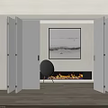 Open Folding Doors Reveal Modern Living Room With Fireplace Black Chair And Framed Art