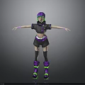 3D Character With Purple Hair Black Purple Outfit Knee Pads Boots And Blue Arm Bands