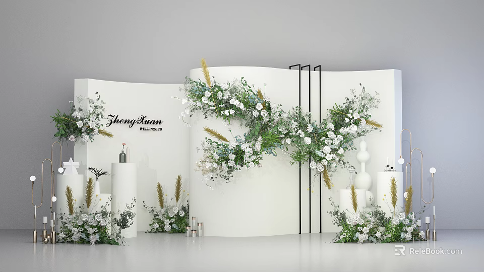 Elegant Floral Installation With White Curved Backdrop Green Flowers And Wheat Ears 3d model 