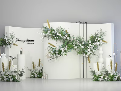 Elegant Floral Installation With White Curved Backdrop Green Flowers And Wheat Ears 3d model