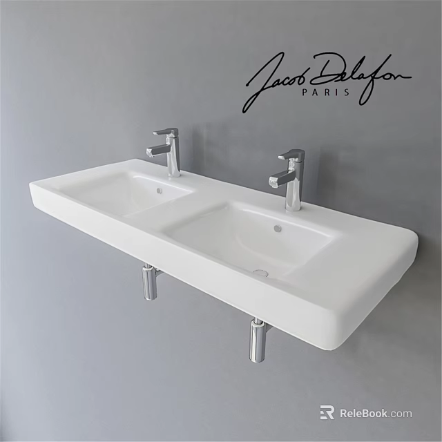 White Wall Mounted Double Basin Sink With Chrome Faucets By Jack Delafon Paris 3d model 