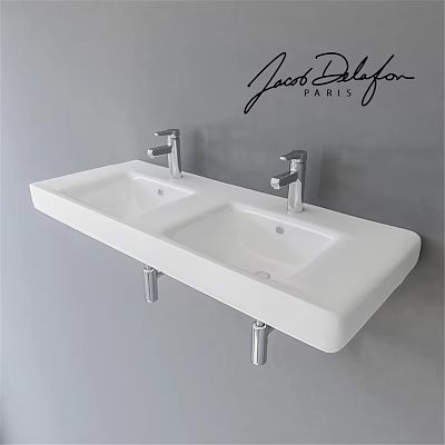 White Wall Mounted Double Basin Sink With Chrome Faucets By Jack Delafon Paris 3d model
