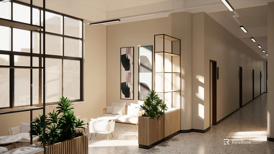 Modern Lounge Area With Large Windows Comfortable Sofa Green Plants And Wooden Partition 3d model 