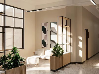 Modern Lounge Area With Large Windows Comfortable Sofa Green Plants And Wooden Partition 3d model