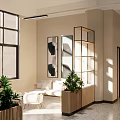 Modern Lounge Area With Large Windows Comfortable Sofa Green Plants And Wooden Partition