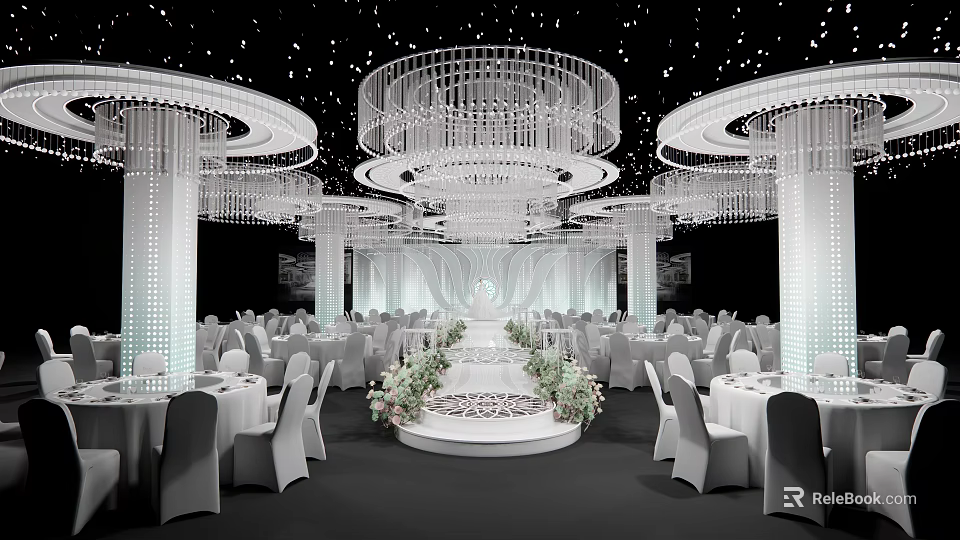Luxurious Banquet Hall With Crystal Chandeliers White Tables And Central Floral Decoration 3d model 