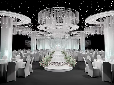 Luxurious Banquet Hall With Crystal Chandeliers White Tables And Central Floral Decoration 3d model
