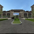 Traditional Chinese Residential Entrance Gate With Nameplate Buildings Green Plants And Road