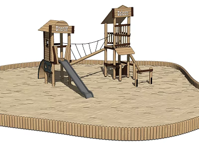 Wooden Outdoor Playground Equipment With Slide Climbing Net And Sand Area Fence 3d model