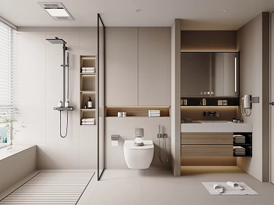 Modern Bathroom Interior Design With Shower Area Wall Mounted Toilet Vanity And Mirror 3d model