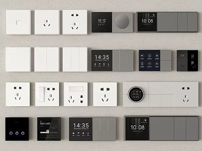 Modern Home Switch Panels Featuring Digital Time Display And Various Socket Designs 3d model