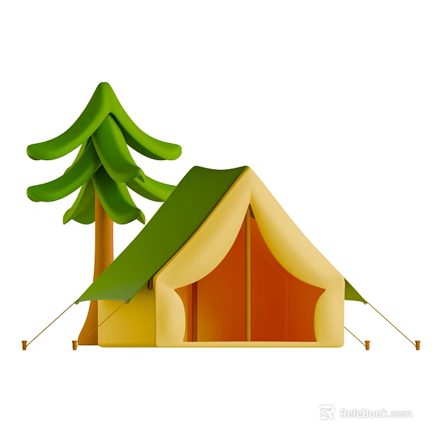 Camping Themed Decorative Ornament Set with Green Tree and Yellow Tent Design 3d model 
