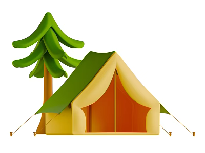 Camping Themed Decorative Ornament Set with Green Tree and Yellow Tent Design 3d model