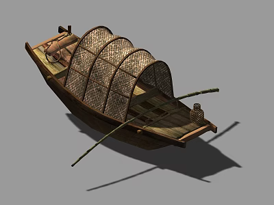 Traditional Wooden Boat With Arched Bamboo Woven Canopy And Long Wooden Paddle 3d model