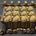 Cartoon Wooden Hut With Stone Walls Thatch Roof And Yellow Door Design Details