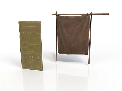 Green Geometric Patterned Mat And Brown Blanket On Metal Rack For Daily Use 3d model